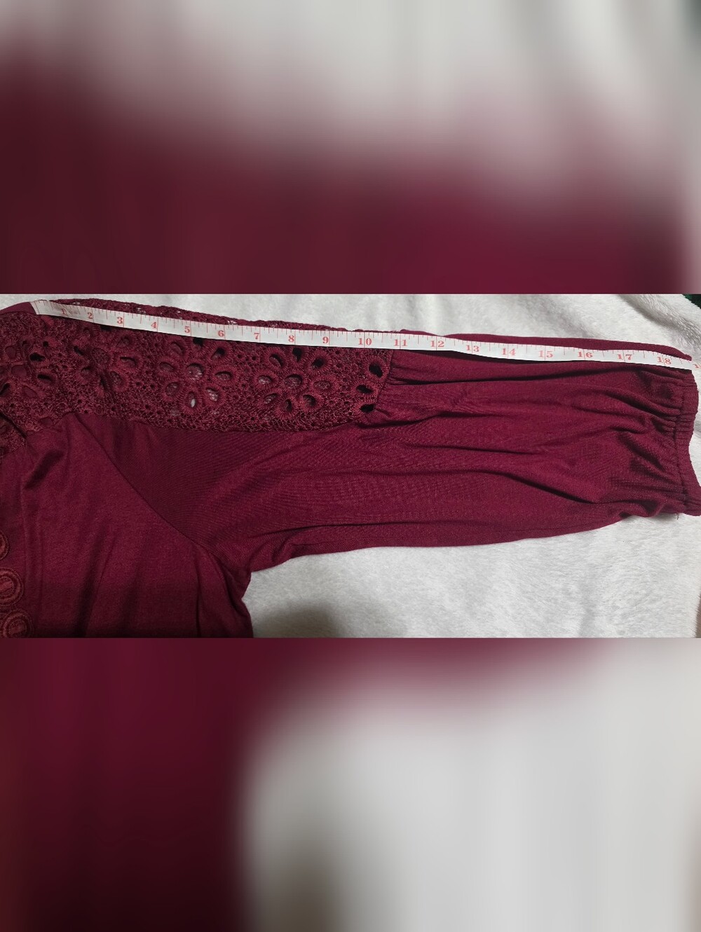 Liz Claiborne XL Burgundy Crochet Lace Boho Peasant Tunic Top 3/4 Sleeve - Picture 9 of 9